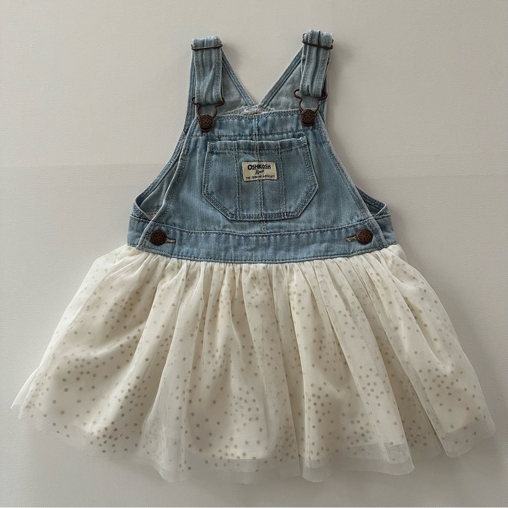 OshKosh B'gosh 2T Toddler Girl Blue Denim Overall Dress Sparkle White Tulle